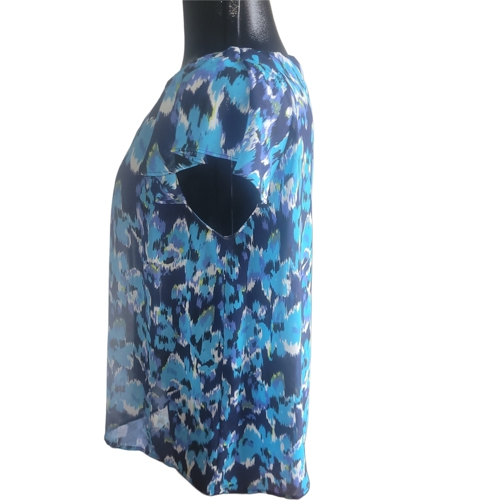 Jessica Blue Patterned Short Ruffled Sleeve Top Size LP - Picture 5 of 7